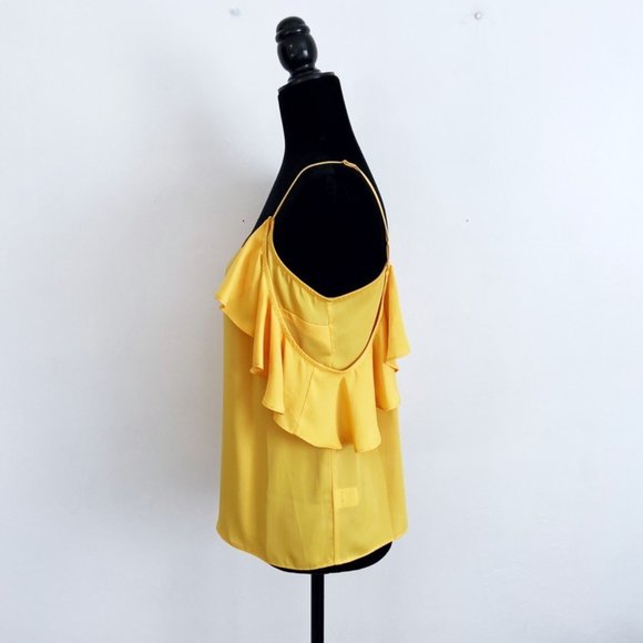 L'Academie X Revolve Marigold Yellow Off-Shoulder Ruffle Satin Cami Top M - Picture 3 of 12
